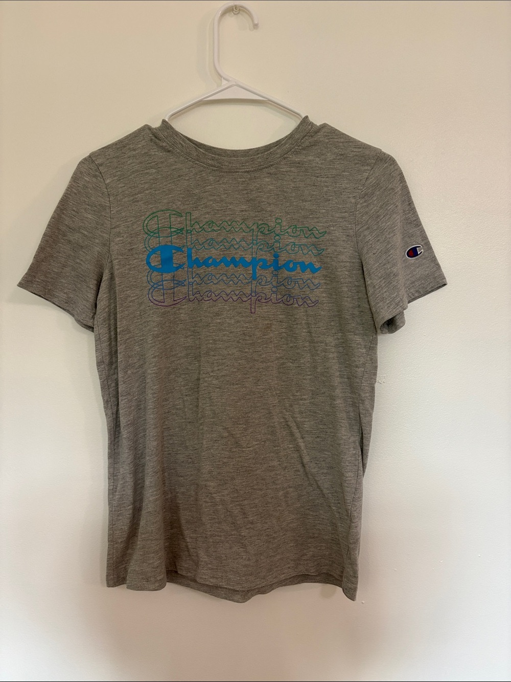 Champion Heather Gray Short Sleeve Tee with Blue & Green Logo